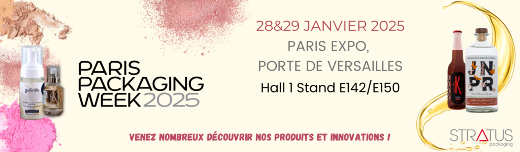 Bannière Stratus Packaging pour la Paris Packaging Week 2025, les 28 et 29 janvier, stand E142/E150.